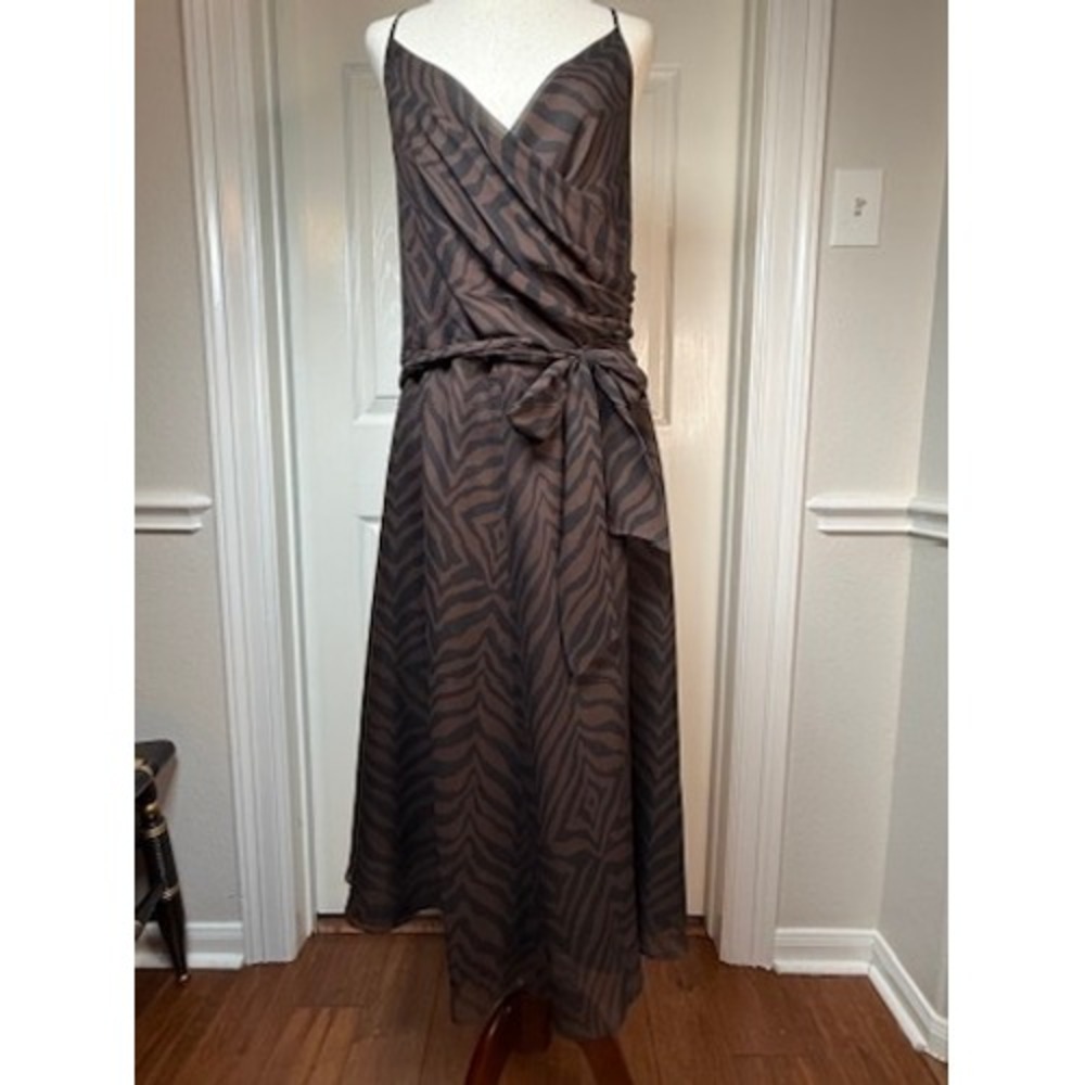 Vintage Talbots Silk Zebra Print Midi Dress Brown Black Wrap Tie Waist Size 14 - Picture 1 of 8
